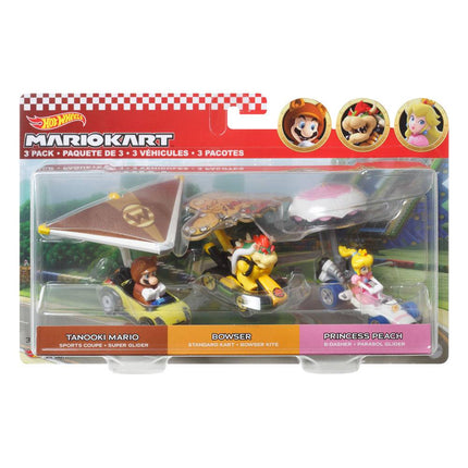 Mario Kart Hot Wheels Odlewany pojazd 3-Pack 1:64 Tanooki Mario, Bowser, Princess Peach